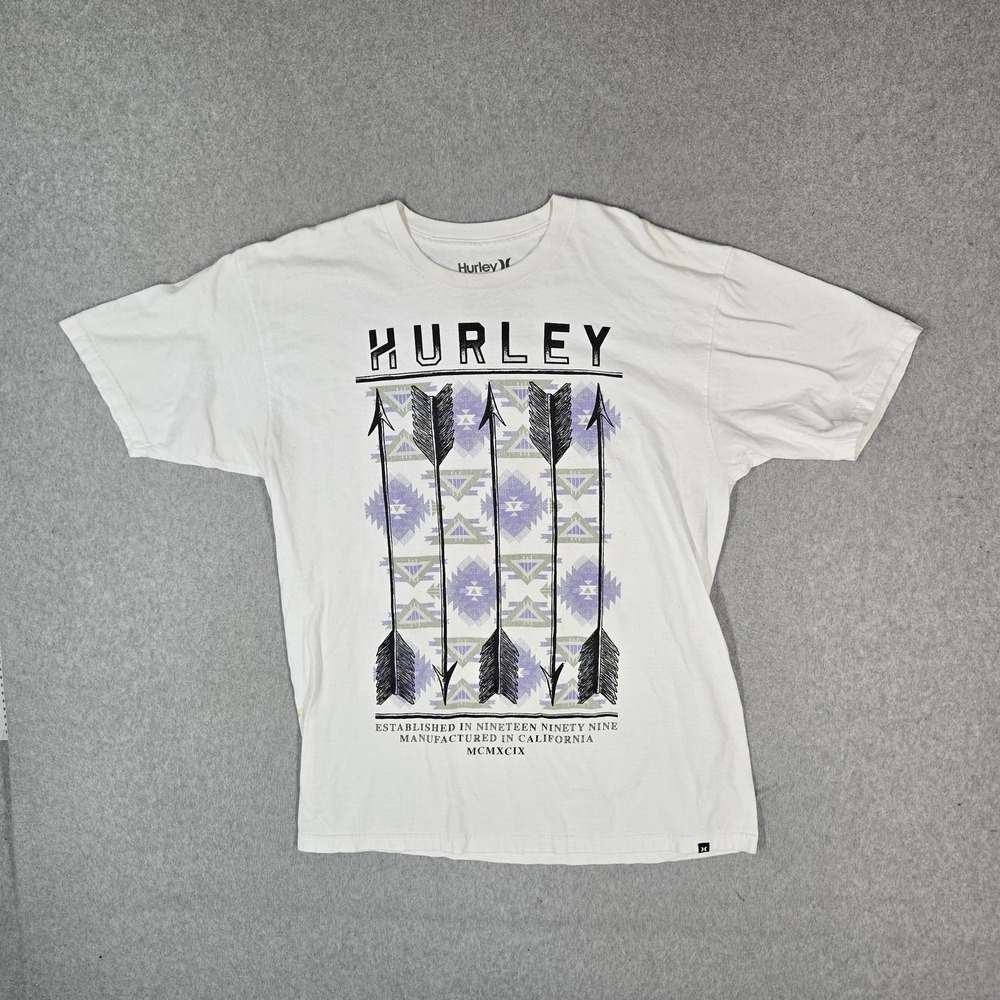 Hurley Men Shirt L White Graphic Arrows Southwestern Aztec Short Sleeve Tee READ